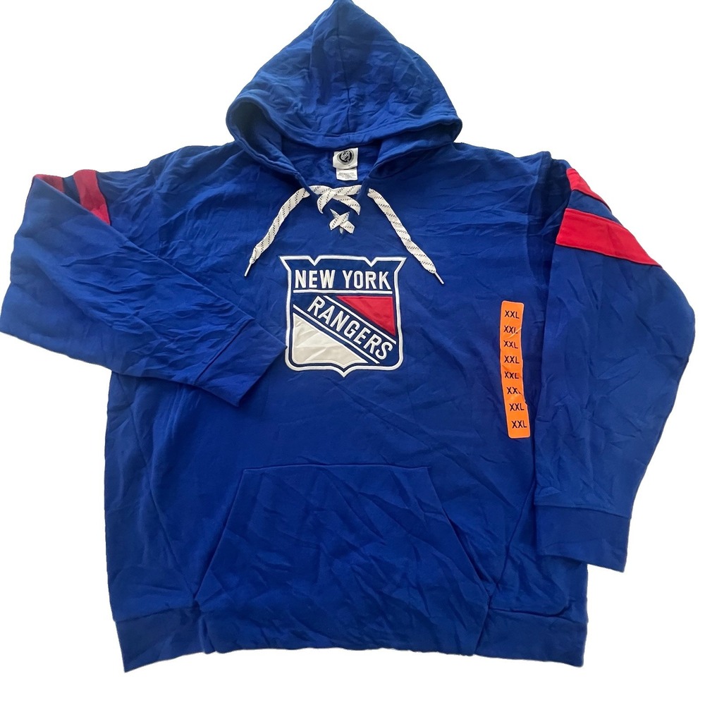 New York Rangers NHL 2XL Lace Up Hoodie Sweatshirt Blue Embroidered NWOT